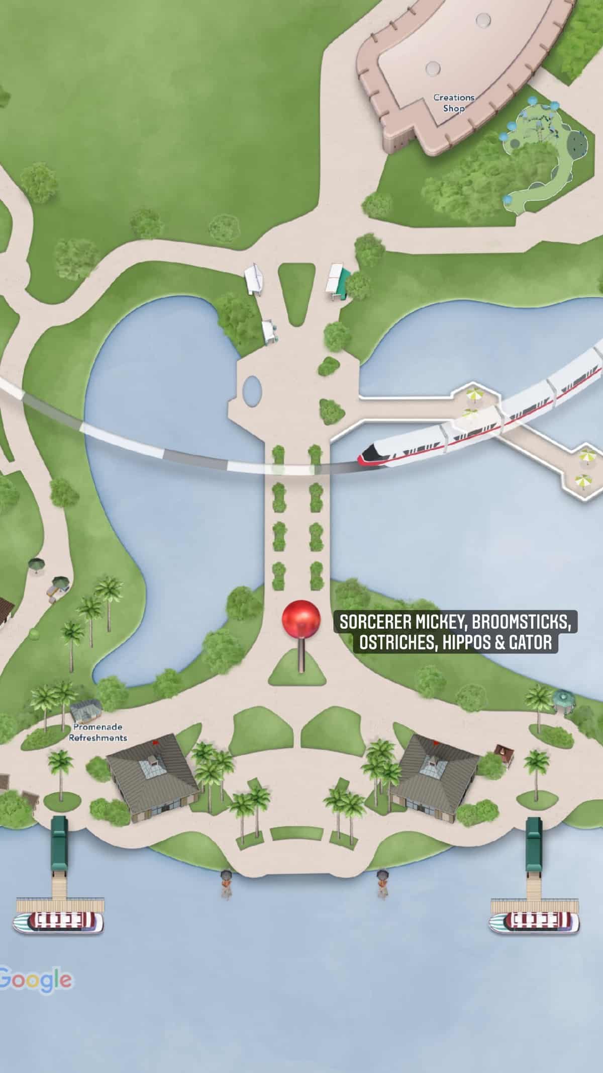 Epcot 2022 Flower and Garden Festival - Sorcerer Mickey, Brooms, Ostriches, Hippo, Gator topiaries map