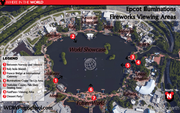 Epcot Illuminations fireworks viewing areas map