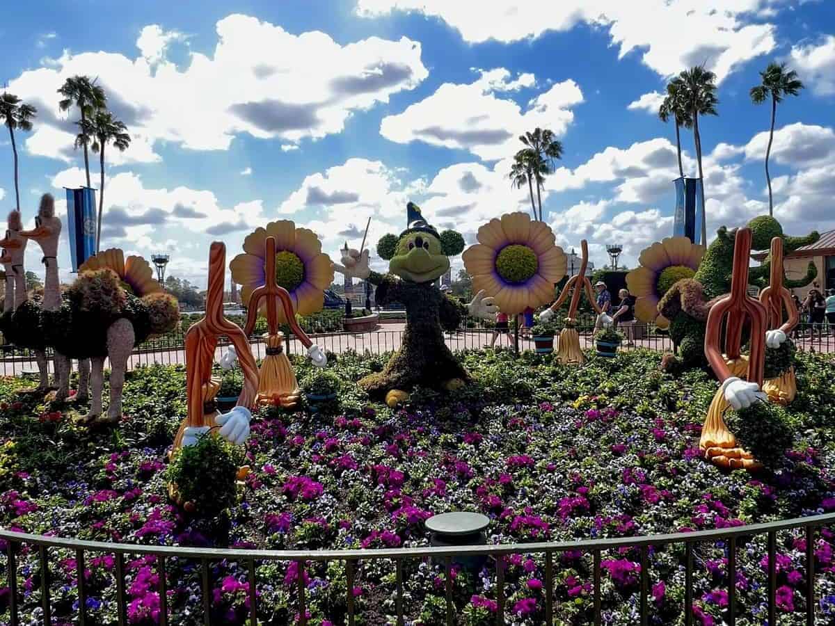 Epcot 2022 Flower and Garden Festival - Sorcerer Mickey, Brooms, Ostriches, Hippo, Gator topiaries