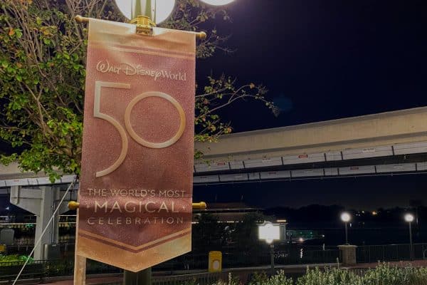 50th anniversary banner outside front of Magic Kingdom