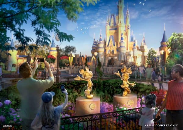 golden sculptures for 50th anniversary at disney world