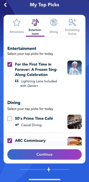 disney genie attraction, entertainment, and dining selections