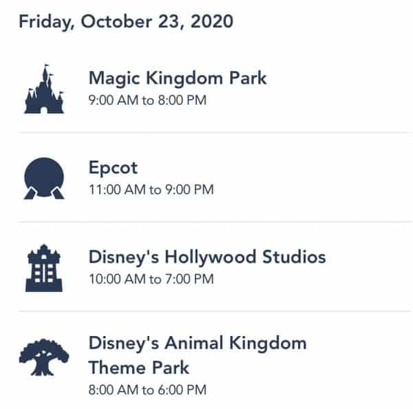 Walt Disney World park hours for October 23, 2020