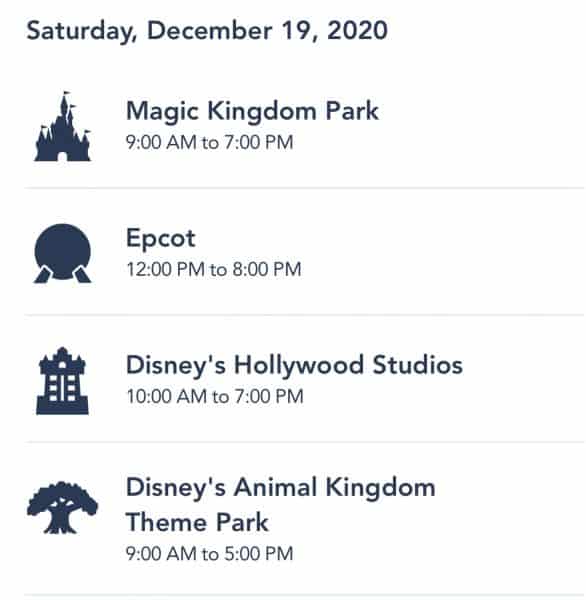 Walt Disney World park hours for December 19