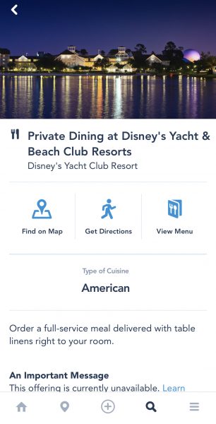 In-room dining at Yacht Club